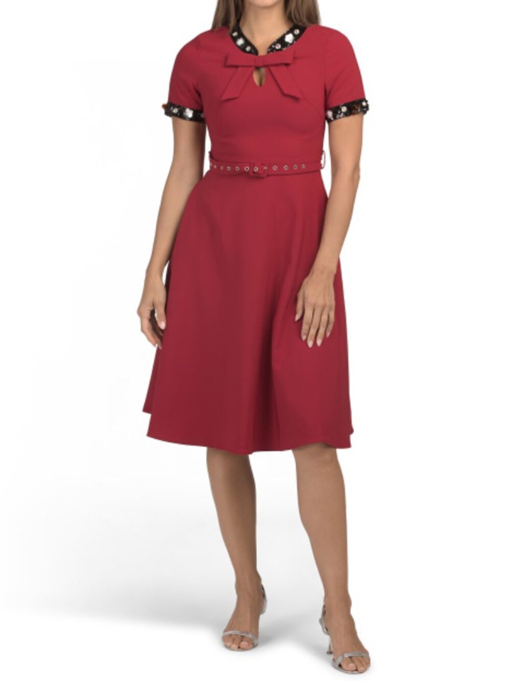 DALIA MACPHEE Short Sleeve Sequin Embellished Trim Tie Neck Dress
